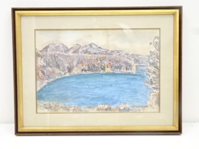 JAPANESE HAND-PAINTED WATERCOLOR PAINTING / FRAMED / LAKE / BY WASAKU KOBAYASHI